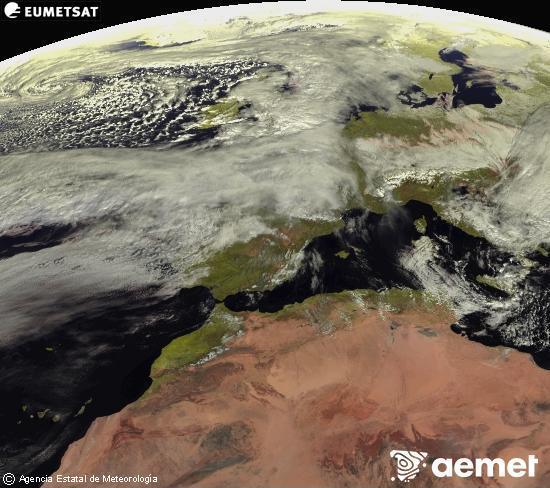 Esta imagen se genera utilizando informaci�n de los canales visibles del sat�lite METEOSAT perteneciente a la segunda generaci�n de sat�lites Meteosat (MSG). Por ese motivo, s�lo hay informaci�n en la zona iluminada por el sol. Adem�s, los canales han sido normalizados para que el brillo no dependa de la posici�n del sol.&nbsp;domingo, 15 febrero 2026 a las 12:00