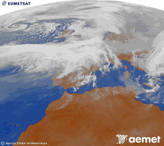 Imagen de la zona de Europa y Norte de �frica del canal infrarrojo del sat�lite Meteosat operacional en 0�N 0�W, procesada para darle color.&nbsp;domingo, 15 febrero 2026 a las 12:00