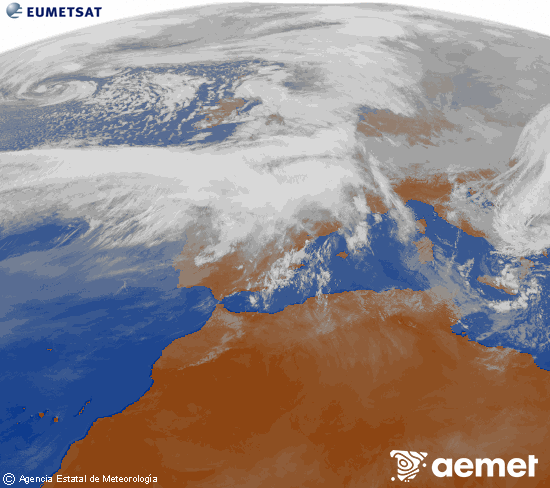 Imagen de la zona de Europa y Norte de �frica del canal infrarrojo del sat�lite Meteosat operacional en 0�N 0�W, procesada para darle color.&nbsp;domingo, 15 febrero 2026 a las 13:00