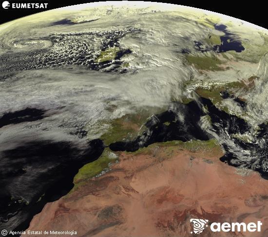 Esta imagen se genera utilizando informaci�n de los canales visibles del sat�lite METEOSAT perteneciente a la segunda generaci�n de sat�lites Meteosat (MSG). Por ese motivo, s�lo hay informaci�n en la zona iluminada por el sol. Adem�s, los canales han sido normalizados para que el brillo no dependa de la posici�n del sol.&nbsp;domingo, 15 febrero 2026 a las 15:00