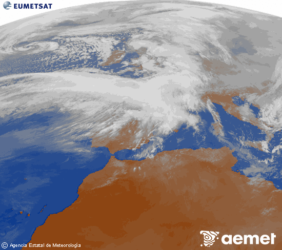 Imagen de la zona de Europa y Norte de �frica del canal infrarrojo del sat�lite Meteosat operacional en 0�N 0�W, procesada para darle color.&nbsp;domingo, 15 febrero 2026 a las 16:00