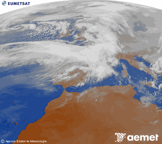 Imagen de la zona de Europa y Norte de �frica del canal infrarrojo del sat�lite Meteosat operacional en 0�N 0�W, procesada para darle color.&nbsp;domingo, 15 febrero 2026 a las 17:00