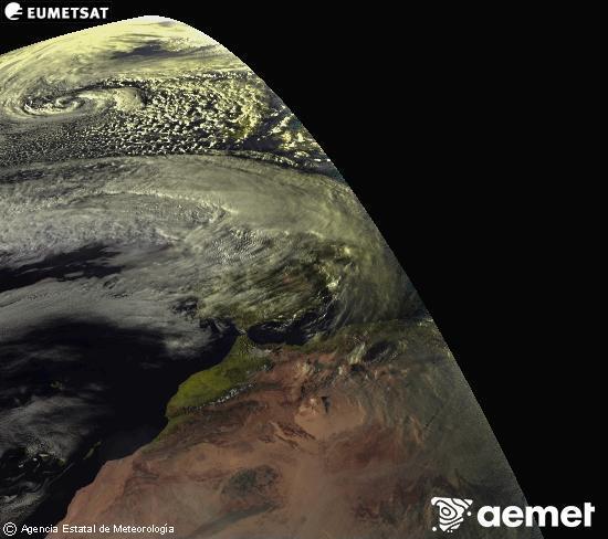 Esta imagen se genera utilizando informaci�n de los canales visibles del sat�lite METEOSAT perteneciente a la segunda generaci�n de sat�lites Meteosat (MSG). Por ese motivo, s�lo hay informaci�n en la zona iluminada por el sol. Adem�s, los canales han sido normalizados para que el brillo no dependa de la posici�n del sol.&nbsp;domingo, 15 febrero 2026 a las 18:00