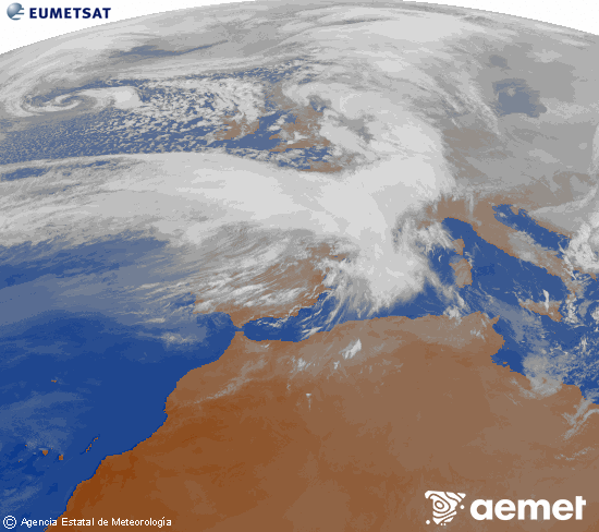 Imagen de la zona de Europa y Norte de �frica del canal infrarrojo del sat�lite Meteosat operacional en 0�N 0�W, procesada para darle color.&nbsp;domingo, 15 febrero 2026 a las 18:00