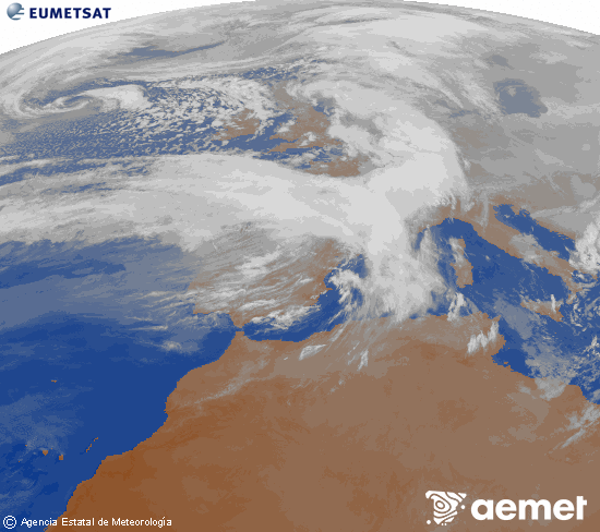 Imagen de la zona de Europa y Norte de �frica del canal infrarrojo del sat�lite Meteosat operacional en 0�N 0�W, procesada para darle color.&nbsp;domingo, 15 febrero 2026 a las 19:00