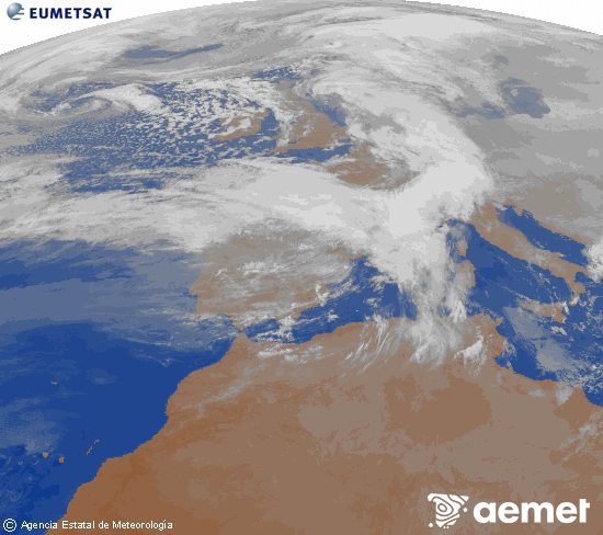 Imagen de la zona de Europa y Norte de �frica del canal infrarrojo del sat�lite Meteosat operacional en 0�N 0�W, procesada para darle color.&nbsp;domingo, 15 febrero 2026 a las 21:00