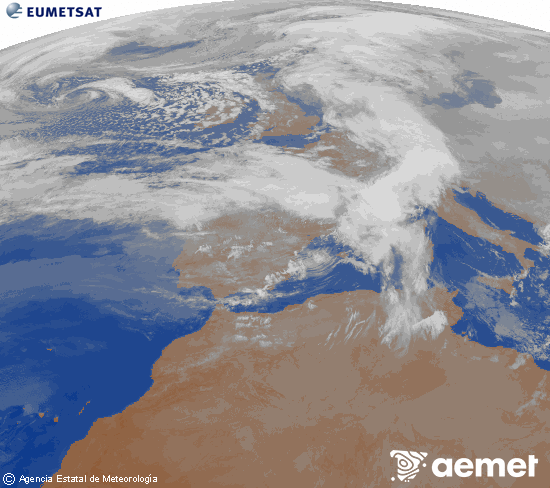 Imagen de la zona de Europa y Norte de �frica del canal infrarrojo del sat�lite Meteosat operacional en 0�N 0�W, procesada para darle color.&nbsp;domingo, 15 febrero 2026 a las 22:00