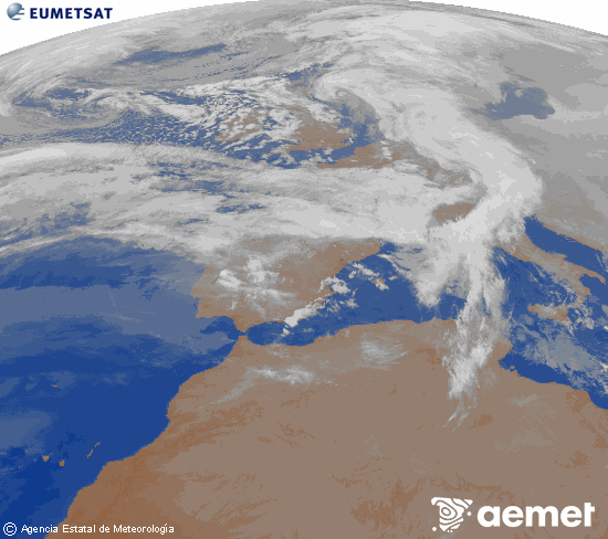 Imagen de la zona de Europa y Norte de �frica del canal infrarrojo del sat�lite Meteosat operacional en 0�N 0�W, procesada para darle color.&nbsp;lunes, 16 febrero 2026 a las 01:00