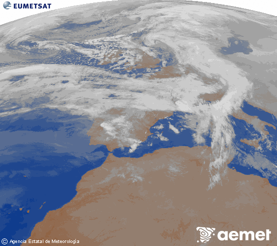 Imagen de la zona de Europa y Norte de �frica del canal infrarrojo del sat�lite Meteosat operacional en 0�N 0�W, procesada para darle color.&nbsp;lunes, 16 febrero 2026 a las 02:00