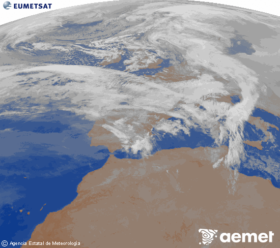 Imagen de la zona de Europa y Norte de �frica del canal infrarrojo del sat�lite Meteosat operacional en 0�N 0�W, procesada para darle color.&nbsp;lunes, 16 febrero 2026 a las 04:00