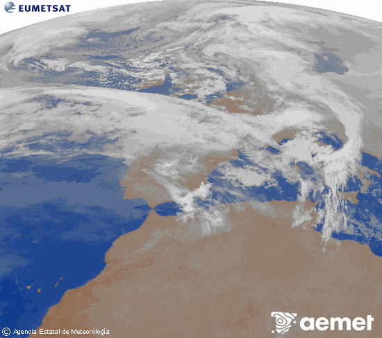 Imagen de la zona de Europa y Norte de �frica del canal infrarrojo del sat�lite Meteosat operacional en 0�N 0�W, procesada para darle color.&nbsp;lunes, 16 febrero 2026 a las 06:00