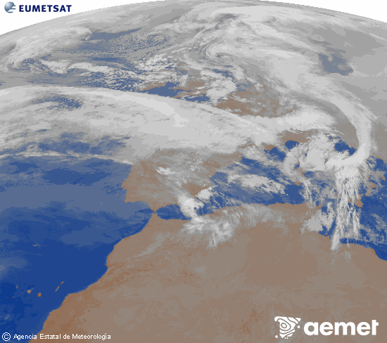 Imagen de la zona de Europa y Norte de �frica del canal infrarrojo del sat�lite Meteosat operacional en 0�N 0�W, procesada para darle color.&nbsp;lunes, 16 febrero 2026 a las 07:00