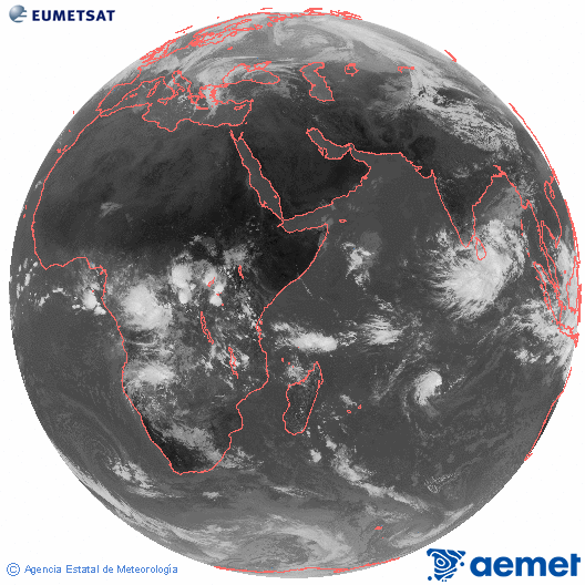 Oc�ano �ndico. Imagen global del canal infrarrojo (10.8&mu;m) de Meteosat, perteneciente a la serie MSG (Meteosat Segunda Generaci�n) y situado en 41.5° E.&nbsp;s�bado, 21 febrero 2026 a las 10:00