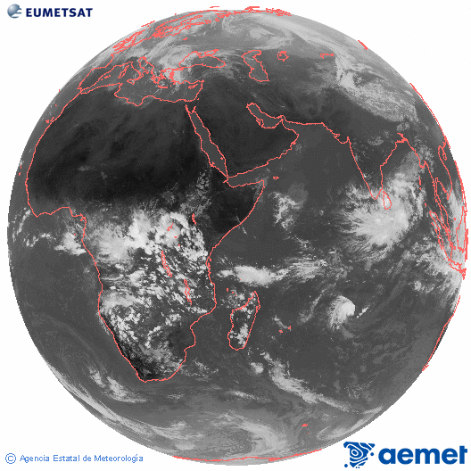 Oc�ano �ndico. Imagen global del canal infrarrojo (10.8&mu;m) de Meteosat, perteneciente a la serie MSG (Meteosat Segunda Generaci�n) y situado en 41.5° E.&nbsp;s�bado, 21 febrero 2026 a las 13:00