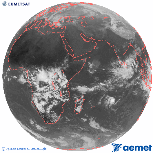 Oc�ano �ndico. Imagen global del canal infrarrojo (10.8&mu;m) de Meteosat, perteneciente a la serie MSG (Meteosat Segunda Generaci�n) y situado en 41.5° E.&nbsp;s�bado, 21 febrero 2026 a las 16:00