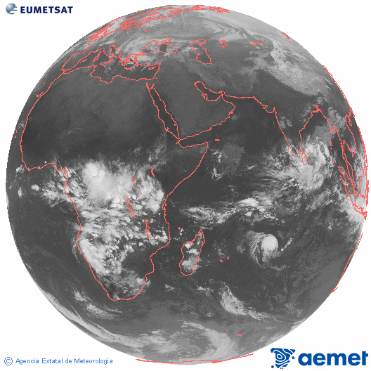 Oc�ano �ndico. Imagen global del canal infrarrojo (10.8&mu;m) de Meteosat, perteneciente a la serie MSG (Meteosat Segunda Generaci�n) y situado en 41.5° E.&nbsp;s�bado, 21 febrero 2026 a las 19:00