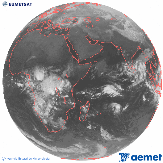 Oc�ano �ndico. Imagen global del canal infrarrojo (10.8&mu;m) de Meteosat, perteneciente a la serie MSG (Meteosat Segunda Generaci�n) y situado en 41.5° E.&nbsp;domingo, 22 febrero 2026 a las 01:00