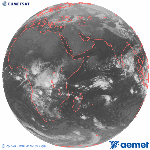 Oc�ano �ndico. Imagen global del canal infrarrojo (10.8&mu;m) de Meteosat, perteneciente a la serie MSG (Meteosat Segunda Generaci�n) y situado en 41.5° E.&nbsp;domingo, 22 febrero 2026 a las 04:00