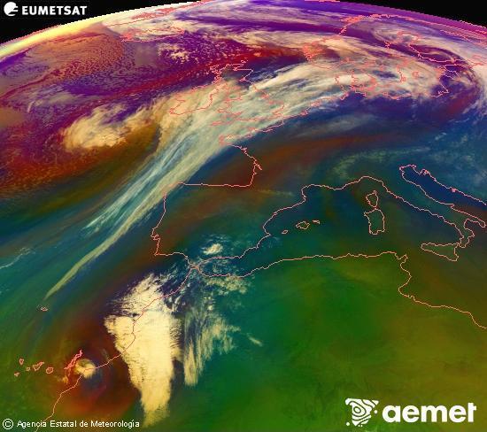 Composici�n RGB na que se mesturan varias canles do sat�lite Meteosat operacional en 0� N 0� W, que nos d� unha idea das caracter�sticas das masas de aire e da nebulosidade.&nbsp;xoves, 26 febreiro  2026 22:00