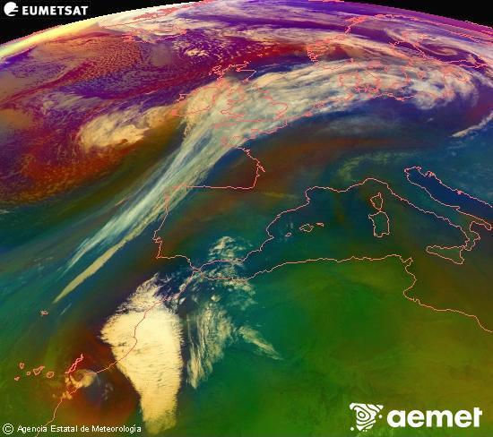 Composici�n RGB na que se mesturan varias canles do sat�lite Meteosat operacional en 0� N 0� W, que nos d� unha idea das caracter�sticas das masas de aire e da nebulosidade.&nbsp;venres, 27 febreiro  2026 00:00