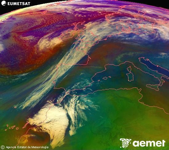 Composici�n RGB na que se mesturan varias canles do sat�lite Meteosat operacional en 0� N 0� W, que nos d� unha idea das caracter�sticas das masas de aire e da nebulosidade.&nbsp;venres, 27 febreiro  2026 05:00