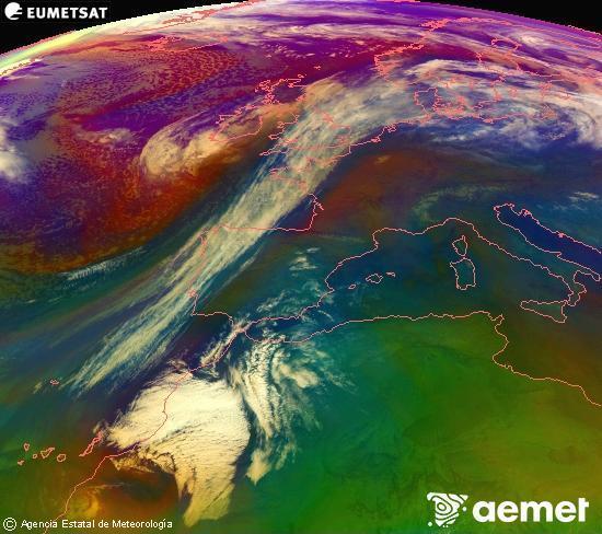 Composici�n RGB na que se mesturan varias canles do sat�lite Meteosat operacional en 0� N 0� W, que nos d� unha idea das caracter�sticas das masas de aire e da nebulosidade.&nbsp;venres, 27 febreiro  2026 06:00