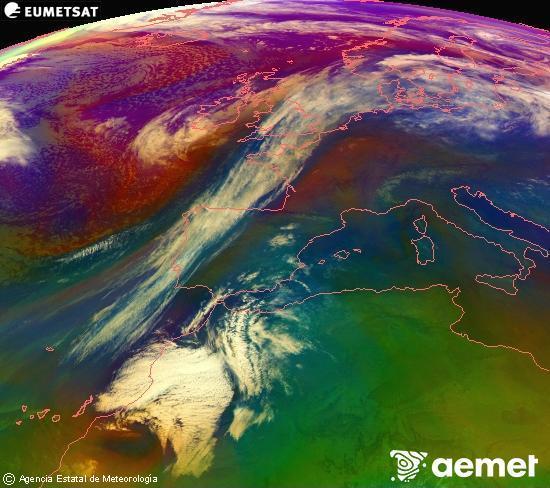 Composici�n RGB na que se mesturan varias canles do sat�lite Meteosat operacional en 0� N 0� W, que nos d� unha idea das caracter�sticas das masas de aire e da nebulosidade.&nbsp;venres, 27 febreiro  2026 07:00