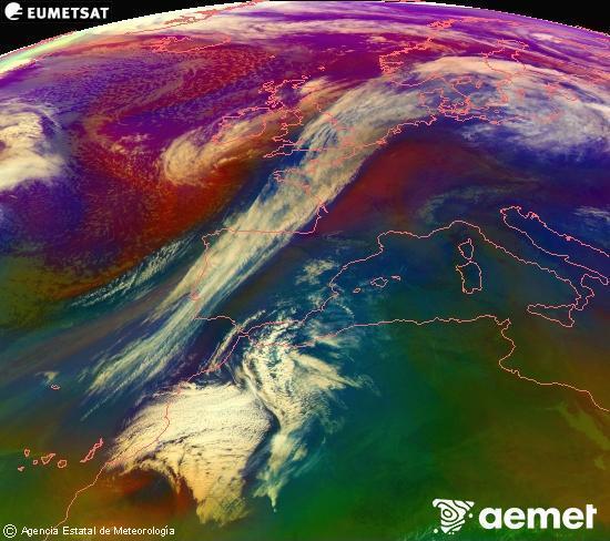 Composici�n RGB na que se mesturan varias canles do sat�lite Meteosat operacional en 0� N 0� W, que nos d� unha idea das caracter�sticas das masas de aire e da nebulosidade.&nbsp;venres, 27 febreiro  2026 09:00