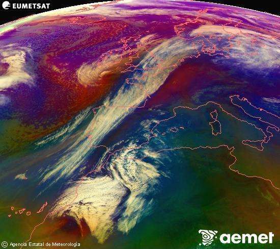 Composici�n RGB na que se mesturan varias canles do sat�lite Meteosat operacional en 0� N 0� W, que nos d� unha idea das caracter�sticas das masas de aire e da nebulosidade.&nbsp;venres, 27 febreiro  2026 10:00