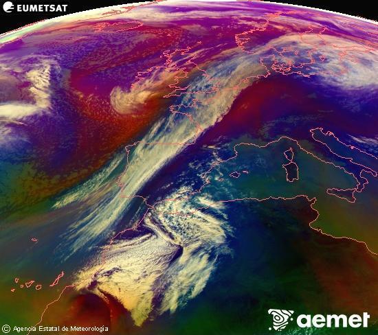Composici�n RGB na que se mesturan varias canles do sat�lite Meteosat operacional en 0� N 0� W, que nos d� unha idea das caracter�sticas das masas de aire e da nebulosidade.&nbsp;venres, 27 febreiro  2026 12:00