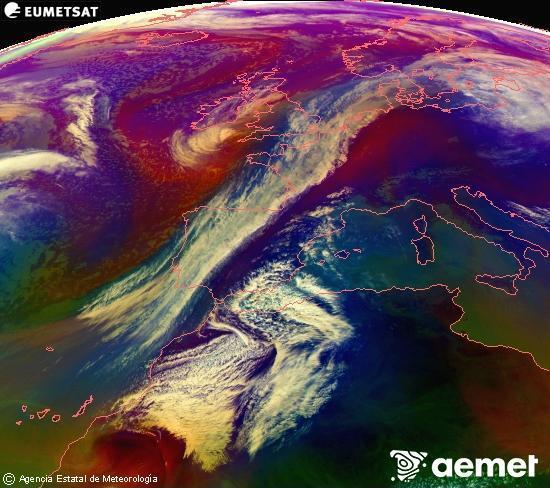Composici�n RGB na que se mesturan varias canles do sat�lite Meteosat operacional en 0� N 0� W, que nos d� unha idea das caracter�sticas das masas de aire e da nebulosidade.&nbsp;venres, 27 febreiro  2026 14:00