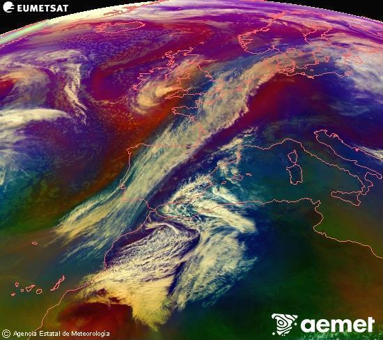 Composici�n RGB na que se mesturan varias canles do sat�lite Meteosat operacional en 0� N 0� W, que nos d� unha idea das caracter�sticas das masas de aire e da nebulosidade.&nbsp;venres, 27 febreiro  2026 16:00