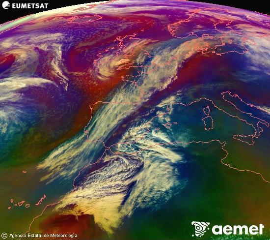 Composici�n RGB na que se mesturan varias canles do sat�lite Meteosat operacional en 0� N 0� W, que nos d� unha idea das caracter�sticas das masas de aire e da nebulosidade.&nbsp;venres, 27 febreiro  2026 17:00