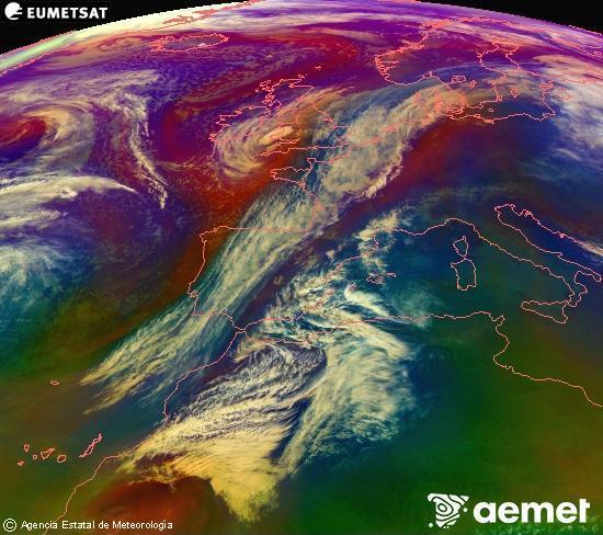 Composici�n RGB na que se mesturan varias canles do sat�lite Meteosat operacional en 0� N 0� W, que nos d� unha idea das caracter�sticas das masas de aire e da nebulosidade.&nbsp;venres, 27 febreiro  2026 18:00