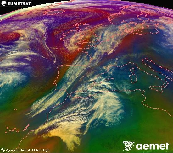 Composici�n RGB na que se mesturan varias canles do sat�lite Meteosat operacional en 0� N 0� W, que nos d� unha idea das caracter�sticas das masas de aire e da nebulosidade.&nbsp;venres, 27 febreiro  2026 20:00