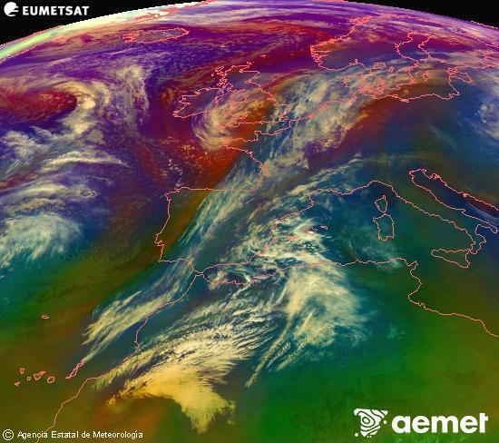 Composici� RGB en la qual es barregen diversos canals del sat�l�lit Meteosat operacional en 0�N 0�W, que ens d�na una idea de les caracter�stiques de les masses d'aire i de la nuvolositat.&nbsp;divendres, 27 de febrer  2026 22:00
