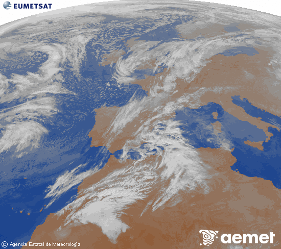 Imatge de la zona d'Europa i Nord d'�frica del canal infraroig del sat�l�lit Meteosat operacional en 0�N 0�W, processada per a donar-li color.&nbsp;divendres, 27 de febrer  2026 23:00