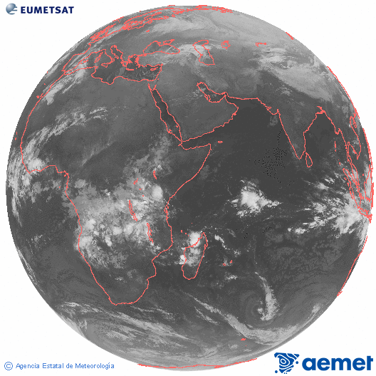 Oc�ano �ndico. Imagen global del canal infrarrojo (10.8&mu;m) de Meteosat, perteneciente a la serie MSG (Meteosat Segunda Generaci�n) y situado en 41.5° E.&nbsp;Saturday, 28 February  2026 01:00