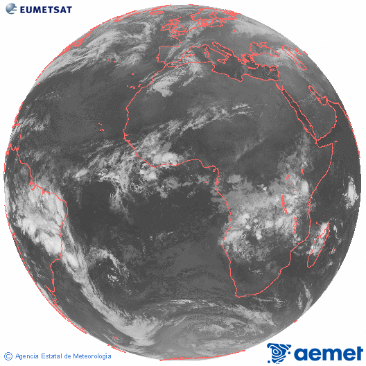 Imagen global del canal infrarrojo (10.8 &mu;m) del sat�lite Meteosat, perteneciente a la serie MSG (Meteosat Segunda Generaci�n) y situado en 0�N 0�E.&nbsp;Saturday, 28 February  2026 01:00