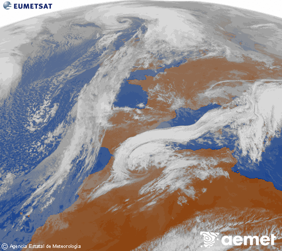 Imagen de la zona de Europa y Norte de �frica del canal infrarrojo del sat�lite Meteosat operacional en 0�N 0�W, procesada para darle color.&nbsp;lunes, 02 marzo 2026 a las 11:00