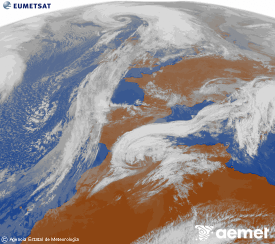 Imagen de la zona de Europa y Norte de �frica del canal infrarrojo del sat�lite Meteosat operacional en 0�N 0�W, procesada para darle color.&nbsp;lunes, 02 marzo 2026 a las 12:00