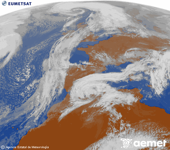 Imagen de la zona de Europa y Norte de �frica del canal infrarrojo del sat�lite Meteosat operacional en 0�N 0�W, procesada para darle color.&nbsp;lunes, 02 marzo 2026 a las 14:00
