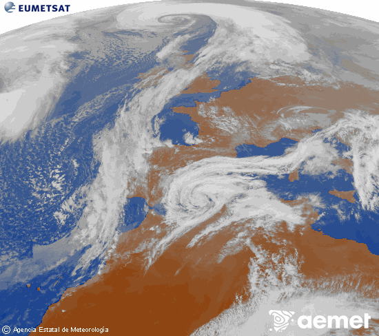 Imagen de la zona de Europa y Norte de �frica del canal infrarrojo del sat�lite Meteosat operacional en 0�N 0�W, procesada para darle color.&nbsp;lunes, 02 marzo 2026 a las 17:00