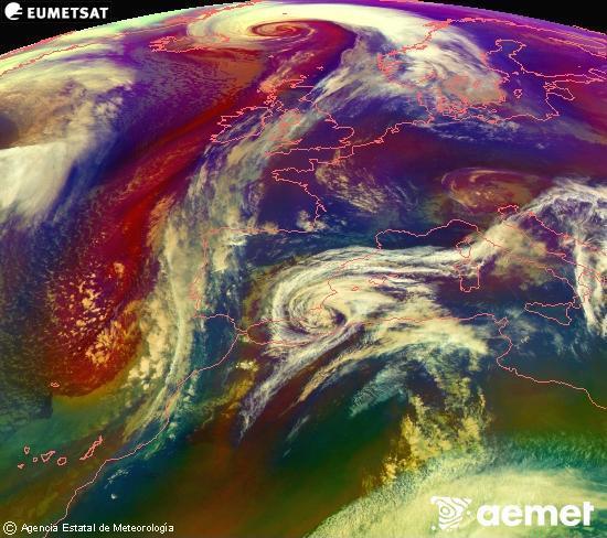 Composition RGB dans laquelle se m�langent diff�rents canaux du satellite Meteosat operational in 0�N 0�W, l'informaci�n des caract�ristiques sur les masses d'air et les nuages.&nbsp;lundi, 2 mars  2026 18:00