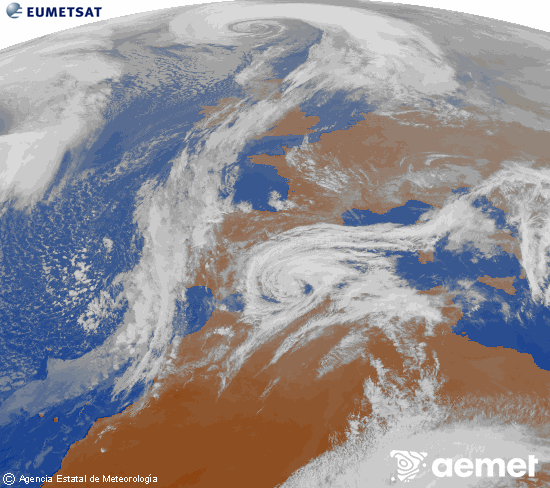 Imagen de la zona de Europa y Norte de �frica del canal infrarrojo del sat�lite Meteosat operacional en 0�N 0�W, procesada para darle color.&nbsp;lunes, 02 marzo 2026 a las 18:00