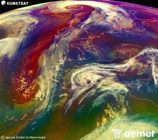 Composition RGB dans laquelle se m�langent diff�rents canaux du satellite Meteosat operational in 0�N 0�W, l'informaci�n des caract�ristiques sur les masses d'air et les nuages.&nbsp;lundi, 2 mars  2026 19:00
