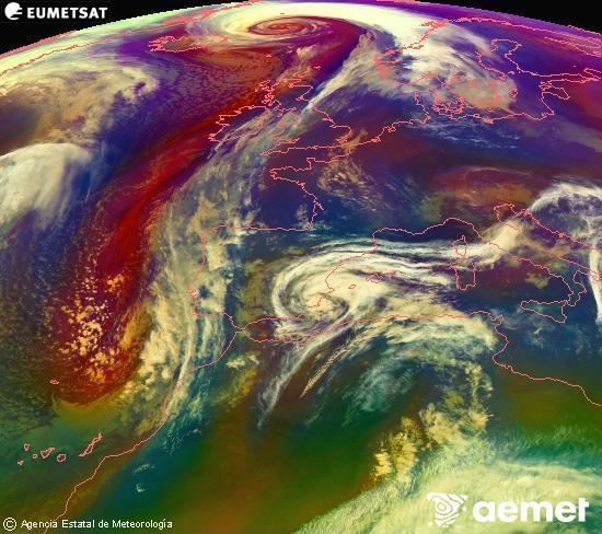 Composition RGB dans laquelle se m�langent diff�rents canaux du satellite Meteosat operational in 0�N 0�W, l'informaci�n des caract�ristiques sur les masses d'air et les nuages.&nbsp;lundi, 2 mars  2026 20:00