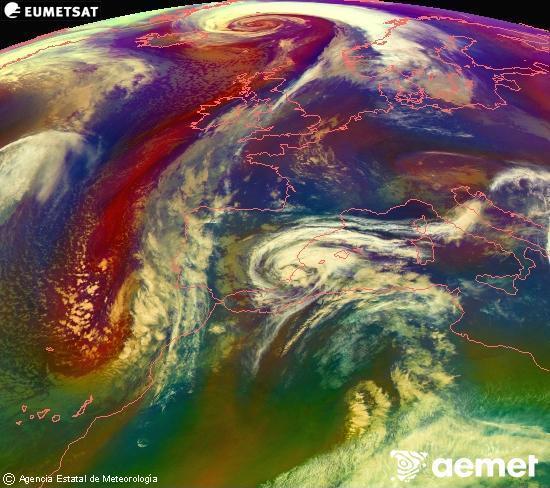 Composition RGB dans laquelle se m�langent diff�rents canaux du satellite Meteosat operational in 0�N 0�W, l'informaci�n des caract�ristiques sur les masses d'air et les nuages.&nbsp;lundi, 2 mars  2026 21:00