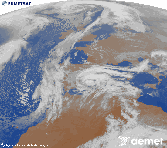 Imagen de la zona de Europa y Norte de �frica del canal infrarrojo del sat�lite Meteosat operacional en 0�N 0�W, procesada para darle color.&nbsp;lunes, 02 marzo 2026 a las 22:00