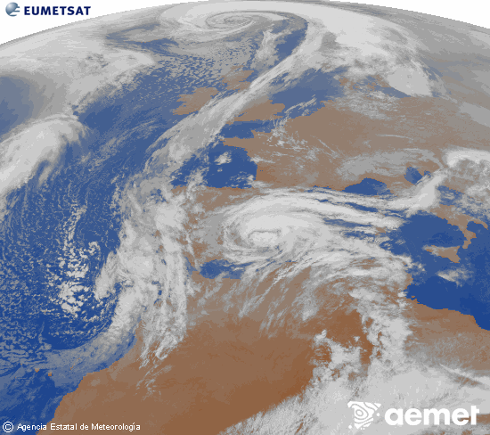 Imagen de la zona de Europa y Norte de �frica del canal infrarrojo del sat�lite Meteosat operacional en 0�N 0�W, procesada para darle color.&nbsp;lunes, 02 marzo 2026 a las 23:00